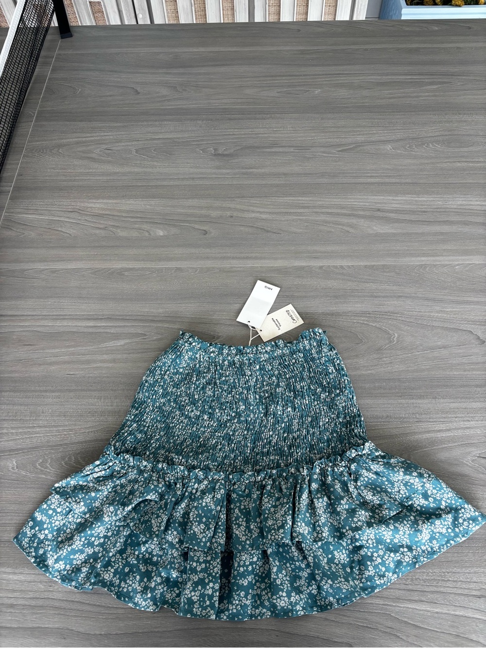 Mango Teal Floral Smocked Skater Skirt
